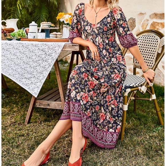 Suzanne Betro Sweetheart Neckline Border Print Midi Dress Sz 1X - Picture 2 of 7